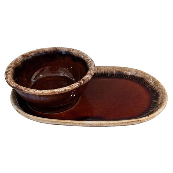 Vintage Mirror Brown Drip Snack Plate & Bowl Set Ceramic Dishware - 2 Plates, 2 - Picture 1 of 9